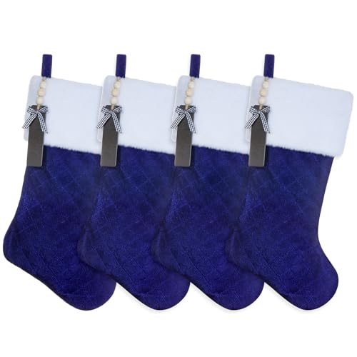 Shgngle Blue Velvet Quilted Personalized Christmas Stocking,19.5 Inch Fireplace Hanging Stockings with Blank Wooden Tags DIY Name,Family Holiday Decorations and Xmas Gift(Blue 4Pcs)