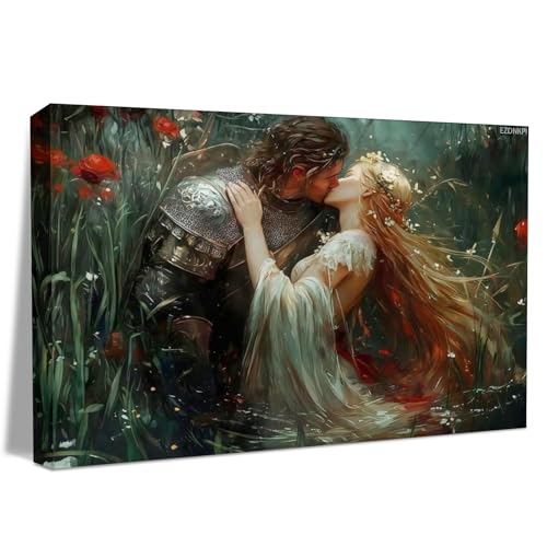 Knight and Maiden Kiss Art Wall Art, Romantic Fantasy Wall Decor, Medieval Love Poster, Fairytale Couple Illustration Decor Framed, 8x12inch