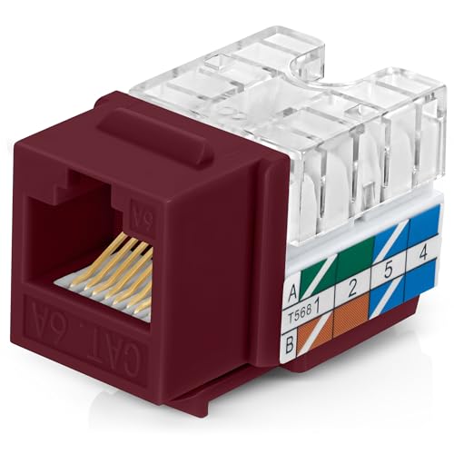 Image of Everest 90 Degree RJ45 Cat6A Keystone Jacks Slim Profile 20-Pack Red | Compatible with 90 Angled Speed Termination Tool - easyJACK (B094WB91H3)