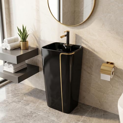 Image of InArt One Piece Ceramic Pedestal Free Standing Round Wash Basin for Living Room and Bathroom (17 x 14 x 34 Inch, Black Matt)