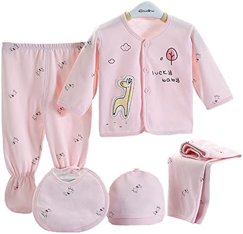 Infant Baby Boy Girl Clothes Outfits 5Pcs Sleepwear Set Long Sleeve Tops+Hat+2Pcs Pants+Bib Clothes Set Gift for 0-3 Months Newborn