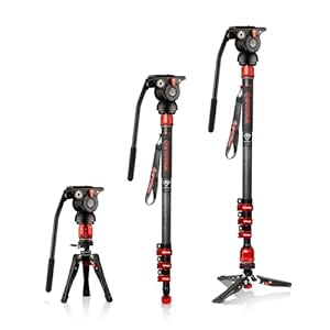 IFOOTAGE Cobra 3 Monopod Kit with Fluid Head C180F-P + K5S, Carbon Fiber Monopod with Feet for DSLR Cameras – Canon, Nikon, Sony, Olympus, Panasonic – Maximum Height 71″ – Payload 17.64Lbs/8KG