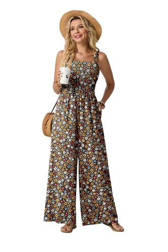 Lepunuo Jumpsuits for Women Casual One Piece Overalls Smocked Wide Leg Long Rompers With Pockets Beach Vacation — view 2