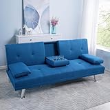 Naomi Home Futon Sofa with Armrest and Cupholders Blue/Linen