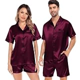 SWOMOG Satin Matching Pajamas Sets Couple Silk Button Down Nightwear Men & Women Short Sleeve Sleepwear 2 Pieces Loungewear Dark Wine Red