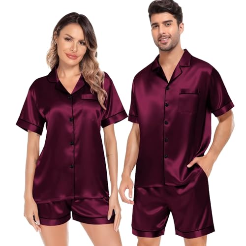 Dark Wine Red Satin Short Sleeve Pajamas