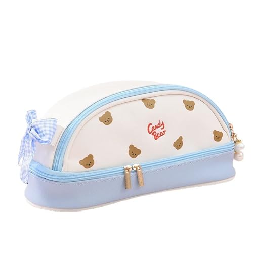 Donloise Large Capacity Pen Pencil Case Kawaii Stationery Pouch, Students PU Leather Aesthetic Japanese Zipper Cosmetic Bag School Supplies for Back to School, College and Office (Blue)