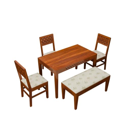 Image of THE WOODEN CITY Solid Sheesham Wood 3 Chair with 1 Bench Dining Table Set with Cushioned Chairs for Dining Room | Living Room | Home & Office - Honey Finish
