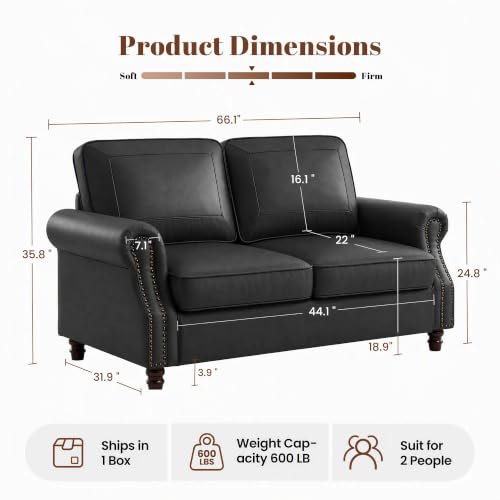 Image of Kingfun Faux Leather Loveseat Sofa with Rolled Arms,Black