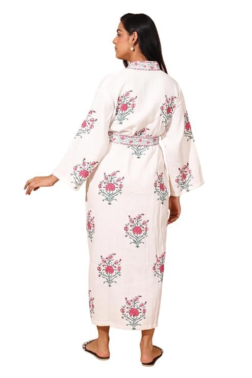 Image of Hand Block Print Cotton Waffle Fabric White Bathrobe For Women's Ultra-Soft & Lightweight After Bath Spa Bathrobe | Highly Absorbent Red Flower