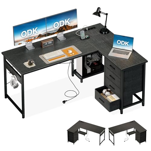 ODK Escritorio Esquinero con Cajones, 135×100 cm Escritorio en L con Enchufes y Puerto de Carga USB, Escritorio Esquina Reversible con Almacenamiento para Oficina en Casa, Negro