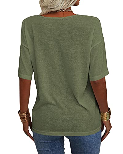 Danedvi Women Fashion V-Neck Half Sleeves Oversized T Shirt Solid Casual Loose Basic Tops Army Green #TOP3