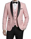 MrSure Mens 3 Piece Tuxedo Set with Bow Tie, Slim Fit One Button Shawl Lapel Blazer Vest Pants, for Formal Prom Party Wedding, Light Pink
