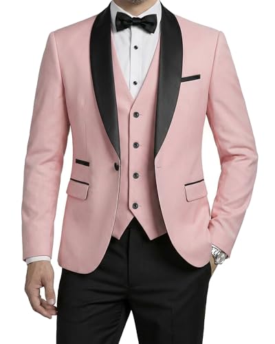 MrSure Mens 3 Piece Tuxedo Set with Bow Tie, Slim Fit One Button Shawl Lapel Blazer Vest Pants, for Formal Prom Party Wedding, Light Pink