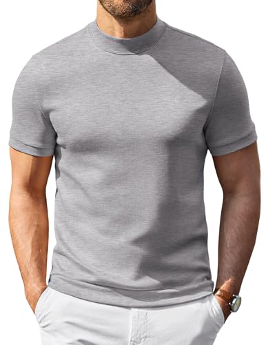 COOFANDY Mens Mock Turtleneck Sweater Short Sleeve 2026 Stylish Slim Fit Fashion Basic Underwear Light Gray