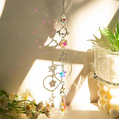 Image of HASTHIP 4Pcs Suncatcher Charm Room Decor, 34CM Sparkling Shining Crystal Sun Moon String Charm Hanging Ornament Wind Chime Suncatcher Charm for Door, Room, Gift