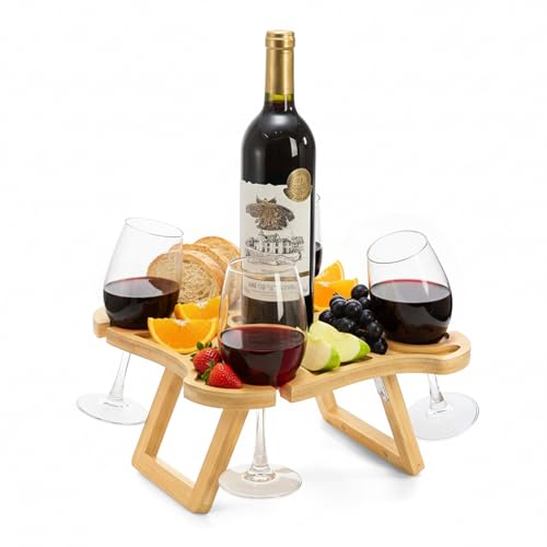 Kingrol Portable Wine Picnic Table - 12 x 12 Inch Square Bamboo Tray with 4 Glass Holders & Irregular Geometric Layout - Stylish Foldable Charcuterie Board for Camping, Beach, or Park Gatherings
