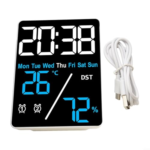 Reloj digital de escritorio con pantalla de día, fecha, temperatura, humedad, 3 niveles de brillo, 2 alarmas, puerto de carga USB, reloj electrónico compacto para viajes a casa (azul + blanco)