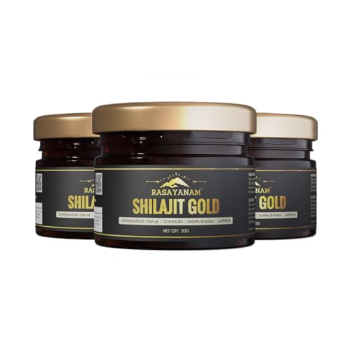 Image of Rasayanam Shilajit Gold Resin 20g (80 Servings) | 300 -500mg /serving | 75% Fulvic Acid | High Potency Shilajeet, Ashwagandha KSM66, Swarn Bhasma (24 Carat Gold) & Saffron | Strength & Muscle Recovery (Pack of 3, 20g Each)
