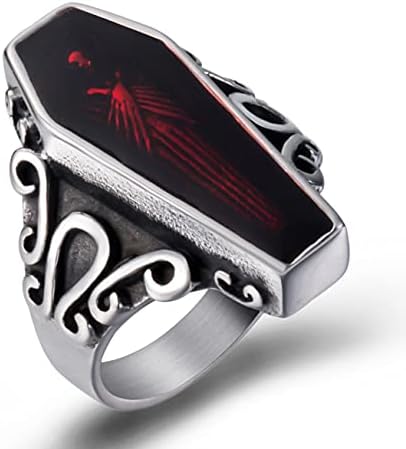 ELFASIO Vintage Vampire Coffin Stainless Steel Ring for Men Boy Halloween Cocktail Party Bloody Red Antique Gothic Biker Skull Rings Size 14