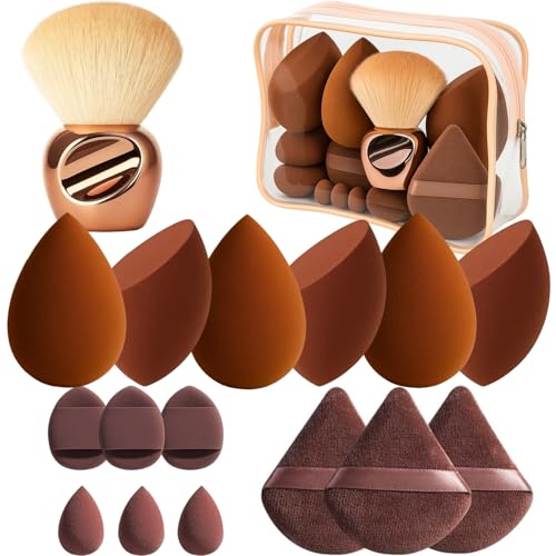 17 Pcs Makeup Sponge Set with Kabuki Powder Brush - Beauty Blender Sponges Triangle Puffs Mini Sponges Thumb Puff | Multi-Functional Kit for Liquid Foundation Powder Cream, Travel Bag Include