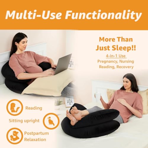 Image of Amazon Basics Full Body Pregnancy Pillow for Maternity, Baby Nursing, Full Body Support -Abdomen,Hip, Spine, Neck& Leg Support Cushion| Perfect Baby Shower Gift |C-Shaped-Washable Cover with Zip-Black