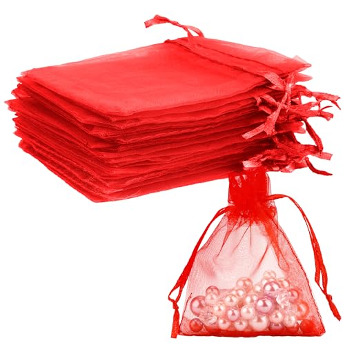 Image of Red Organza Bags - 50 Pcs, Sheer 3 x 4 Inch, Jewelry & Party Favor Bags with Drawstring, Small Mesh Gift Pouches for Wedding & Christmas