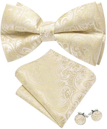 Image of Barry.Wang Paisley Striped Bow Tie for Men Silk Pre-Tied Bowtie Pocket Square Cufflinks Set Formal Wedding Party Prom