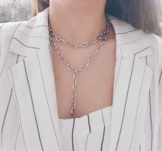 Gunmetal Paperclip Chain Necklace Lariat Double Layered Thick Black - Image 4