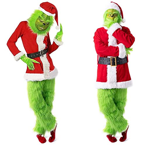 SnowDream Navidad Adulto Verde Peludo Grinch rol Juego 7 unids Outfit Monstruo Grinch Trajes Cosplay Conjunto Grinch Traje de Navidad Adulto Halloween, Verde,M Cover