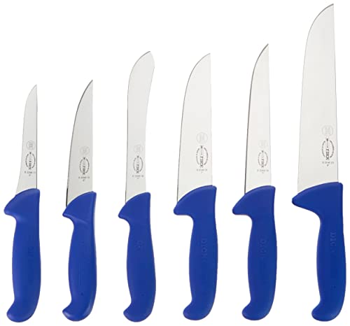 Foto von F. Dick Messer Set ErgoGrip 6-teilig (Blockmesser 18, 23 cm, Stechmesser 15, Sortiermesser 18 cm, Ausbeinmesser 13 cm, HRC 56°), Edelstahl, Blau, 36.4 cm
