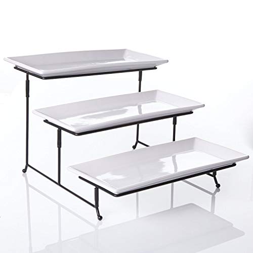 Porcelain 3 Tier Serving Tray - Rectangular Tier Serving Tray - Party Dessert Tiered Tray, 12-Inch Plate Set - White Tiered Cake Serving Stand- Dishwasher Safe Porcelain Appetizer 3-Tier Stand