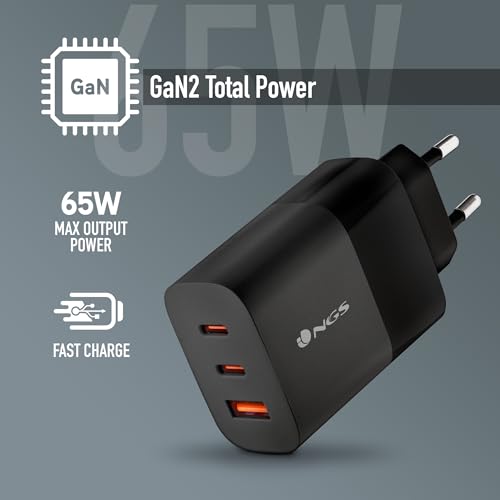 Ngs Bud 65W - Caricatore Da Parete Ultra Veloce Con 3 Porte USB-C (Pd & Pps 65W) USB-A (Qc 3.0 18W) Compatto E Portatile Per Smartphone Tablet Portatili Materiali Gan Ignifughi Ricarica Simultanea - 2