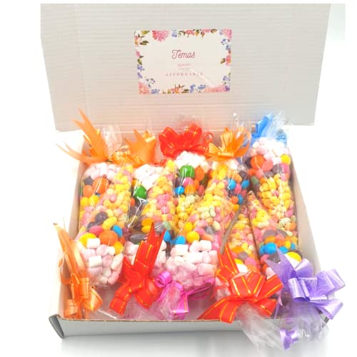 10 X Prefilled Sweet Cones Party Bag Ribbon Bow Design| Adult & Kids Party Bags & Partyy Favour | Baby Shower |Variety Flavours- sweet Marshmallow Rainbow