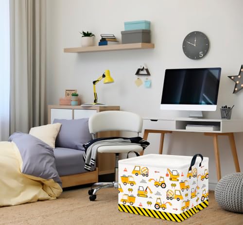 Image of CLOCOR Rectangular Storage Basket,Collapsible Cute Pattern Storage Bin,Waterproof Box with Handles,Gift Basket(Engineering Vehicle)