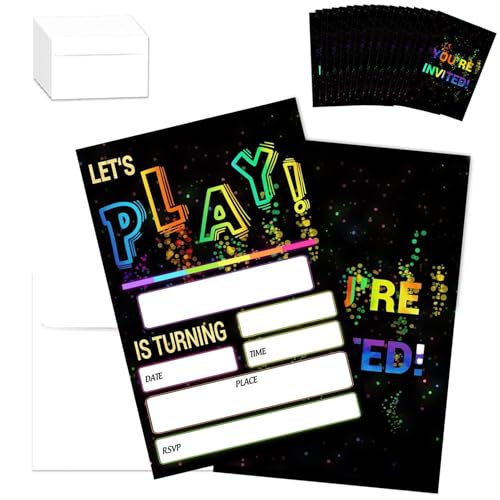 20Pcs Neon Party Invitations Neon Birthday Invitation Cards with Envelopes Double Sided Design Invitation Cards Rainbow Party Invites for Boys Girls Colourful Invitations Card for Any Occasion
