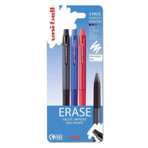 Image of Uni-ball URN-181-07 On Point Erasable Ballpoint Pens (Black, Blue, Red). 0.7mm Rollerball Tip for Smooth Writing. Easy-Retract Eraser for Secure Rubbing Out. Pack of 3