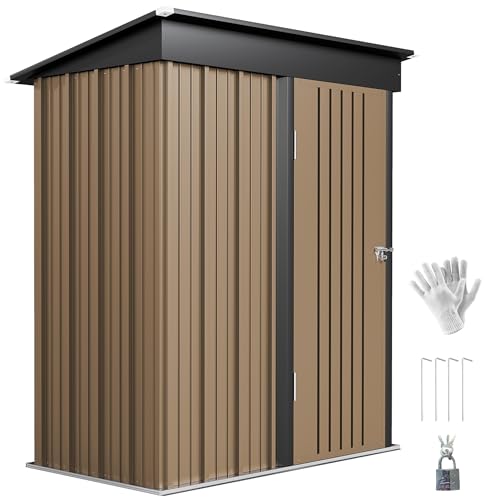 Outsunny 5x3ft Garden Shed, Outdoor Metal Shed with Adjustable Shelf, Pent Roof, Lock and Gloves for Patio Tool Storage, Brown with Foundation Kit