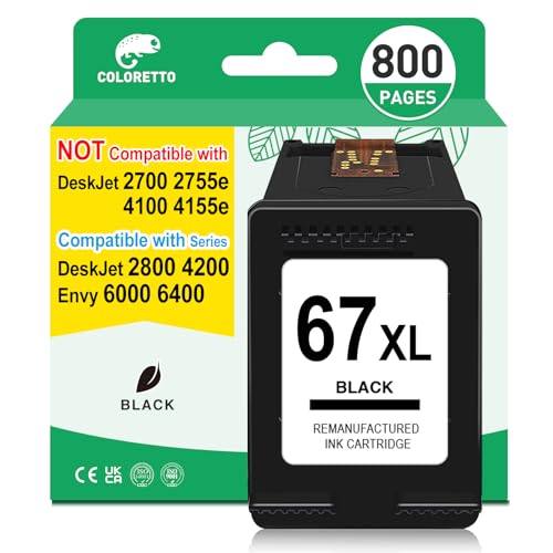 COLORETTO 67XL Ink for HP 67 Black Ink Cartridge 67 XL for Deskjet 2800e 2827e 2855e 2855 2852e 2842e 4200e 4255e 4227e Envy 6455e 6055e 6000e for HP Ink 67 Black HP67 Ink Cartridges Replacement