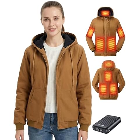 GOTOBI Graphene Heated Jackets for Women with 12V 18400mAh Battery, Canvas Womens Heated Jacket with Hooded for Outdoor Work Cover