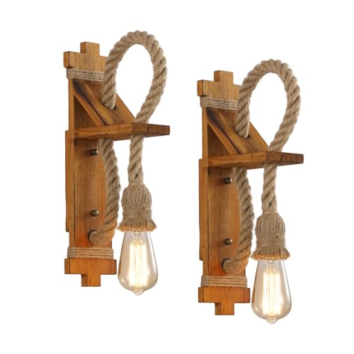 SEEBLEN Wall Sconces Set of Two Farmhouse Wooden Wall Sconce with Natural Hemp Rope,Boho Wall Lamps for Bedroom Beside Living Room Fireplace. by SEEBLEN - Used condition - CA$41.33