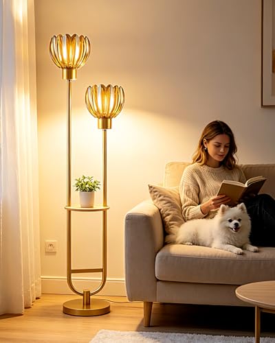Image of 2-Lights Glass Floor Lamp with Shelf Gold Floor Lamp with Amber Glass Shade, Mid Century Modern Standing Tall Lamps with Foot Switch for Living Room Bedroom Home Decor (Bulbs Included)