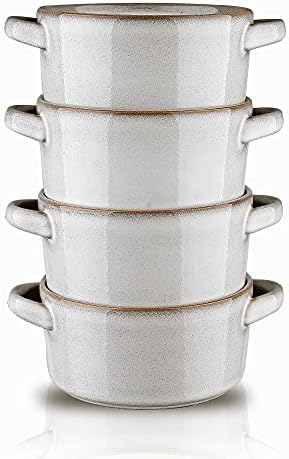 KOOV Porcelain Soup Bowls With Handles Microwave Safe, Soup Bowls Large, 24 Ounce for Soup, Cereal, Stew, French Onion Soup Bowls, Reactive Glaze Set of 4 (Variable Grey)