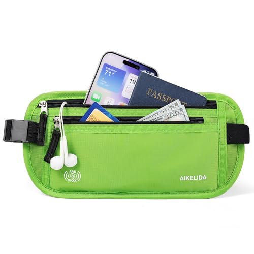 Image of RFID Blocking Money Belt - Passport Holder & Travel Wallet, Slim Hidden Fanny Packs for Women Men - Green