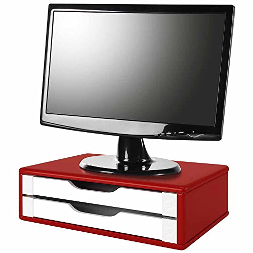 Suporte de Monitor 2 Gavetas, Mdf Vermelho C/Gaveta Branca - Souz...