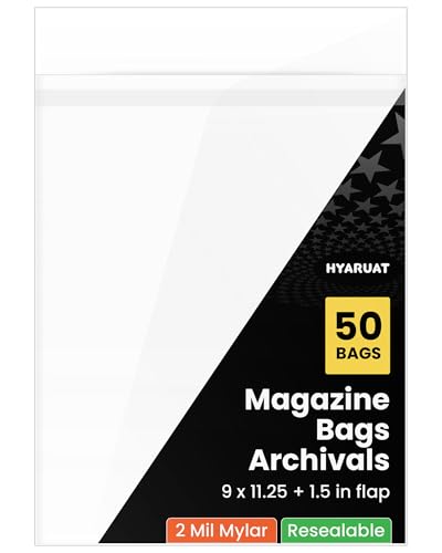 HYARUAT Mylar Magazine Bags with Resealable Flap - 9"x11.25" Acid-Free Protection for TIME/People/Vogue, 2 Mil Archival Sleeves (50 Pack)