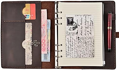 [wowlomo] Leather Notebook Refillable A5 Leather Journal Writing Notebook with Lined, Handmade Vintage 6 Ring Binder Travel Journal Diary Organizer with Leather Pocket/Card Bag for A5 Fill Paper and Men|Women|Work|Gift