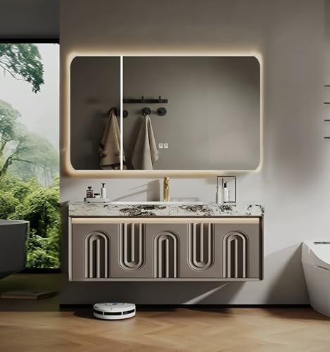 Bathroom Vanity with Sink, Floating Modern Bathroom Vanity Includes Smart Defog Mirror Cabinet & Marble Slate Countertop, Solid Wood Bathroom Cabinet, Sensor Light & Drawers Storage (Coffee,36")