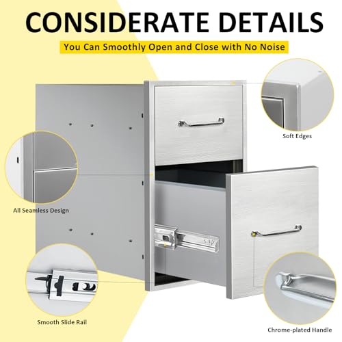 Image of Outdoor Kitchen Drawers 14 inch W x 21 inch H x 21 inch D Flush Mount Double BBQ Drawers with Chrome Handle Stainless Steel Drawer for Outdoor Kitchen Island, Patio Grill Station