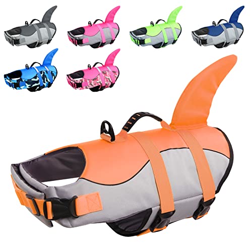 CITÉTOILE Schwimmweste Hund Hai, Hundeschwimmweste mit Griff, Orange, XS